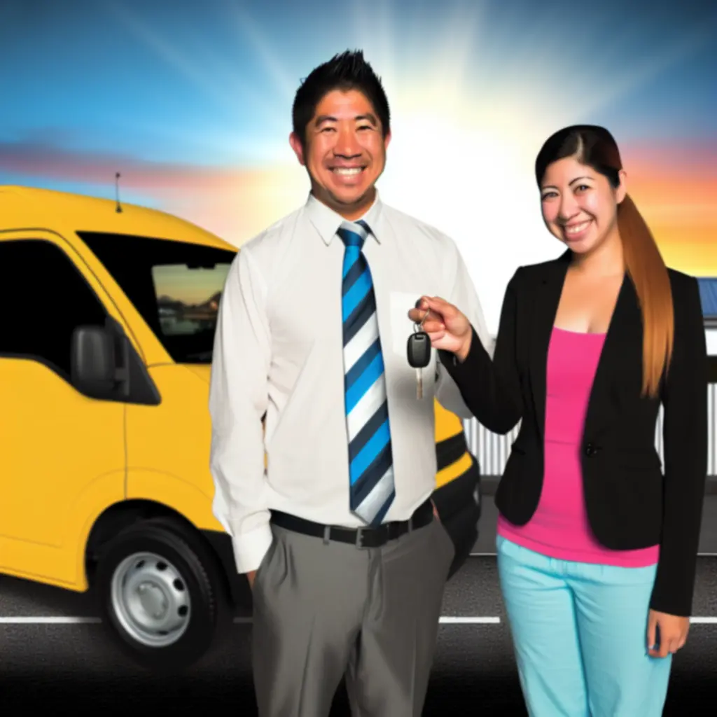 Happy customer receiving car keys from a rental representative