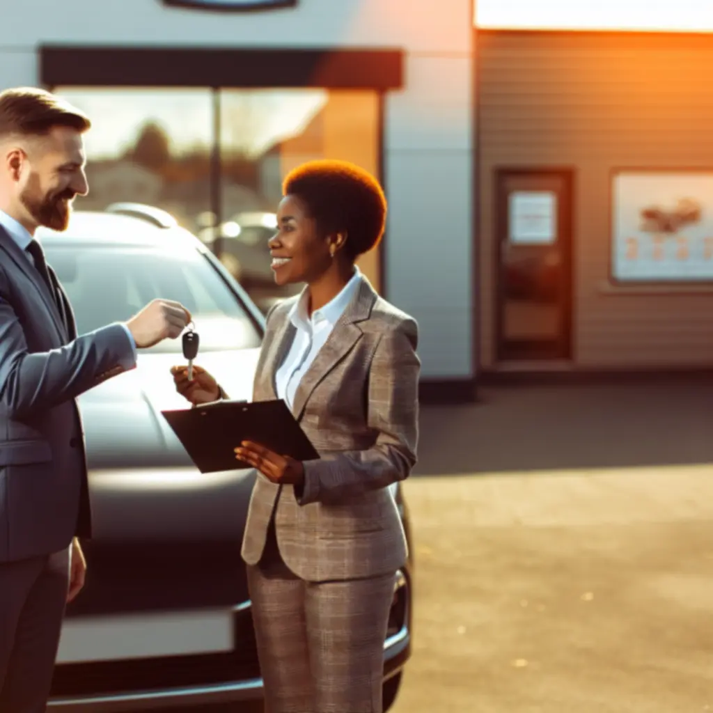 Customer receiving a rental vehicle during an outdoor handover