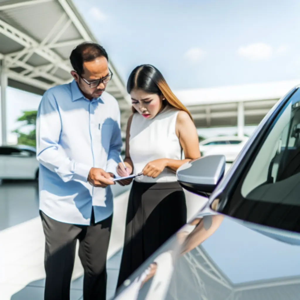 Customer inspecting a rental vehicle outdoors before starting their journey