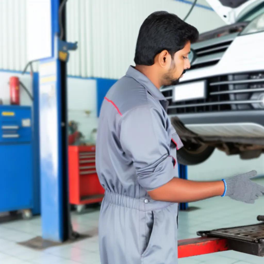 Technician inspecting a vehicle inside a professional maintenance garage